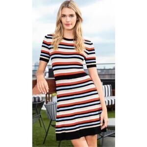 Shoshanna Striped Orange Blue Black Tesoro Short-sleeved Fit and Flare Dress Med